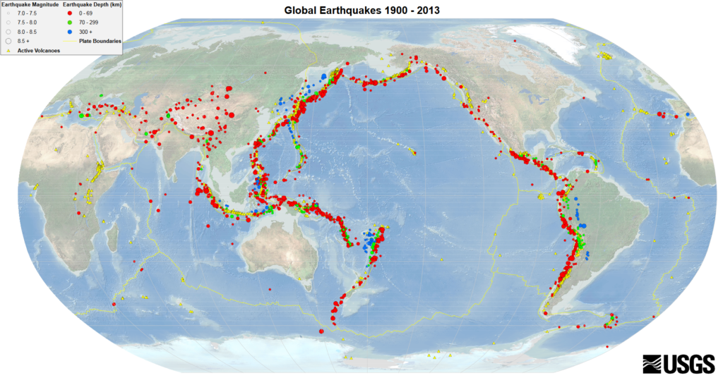 The distribution of earthquakes often corresponds with tectonic boundaries and fault lines.